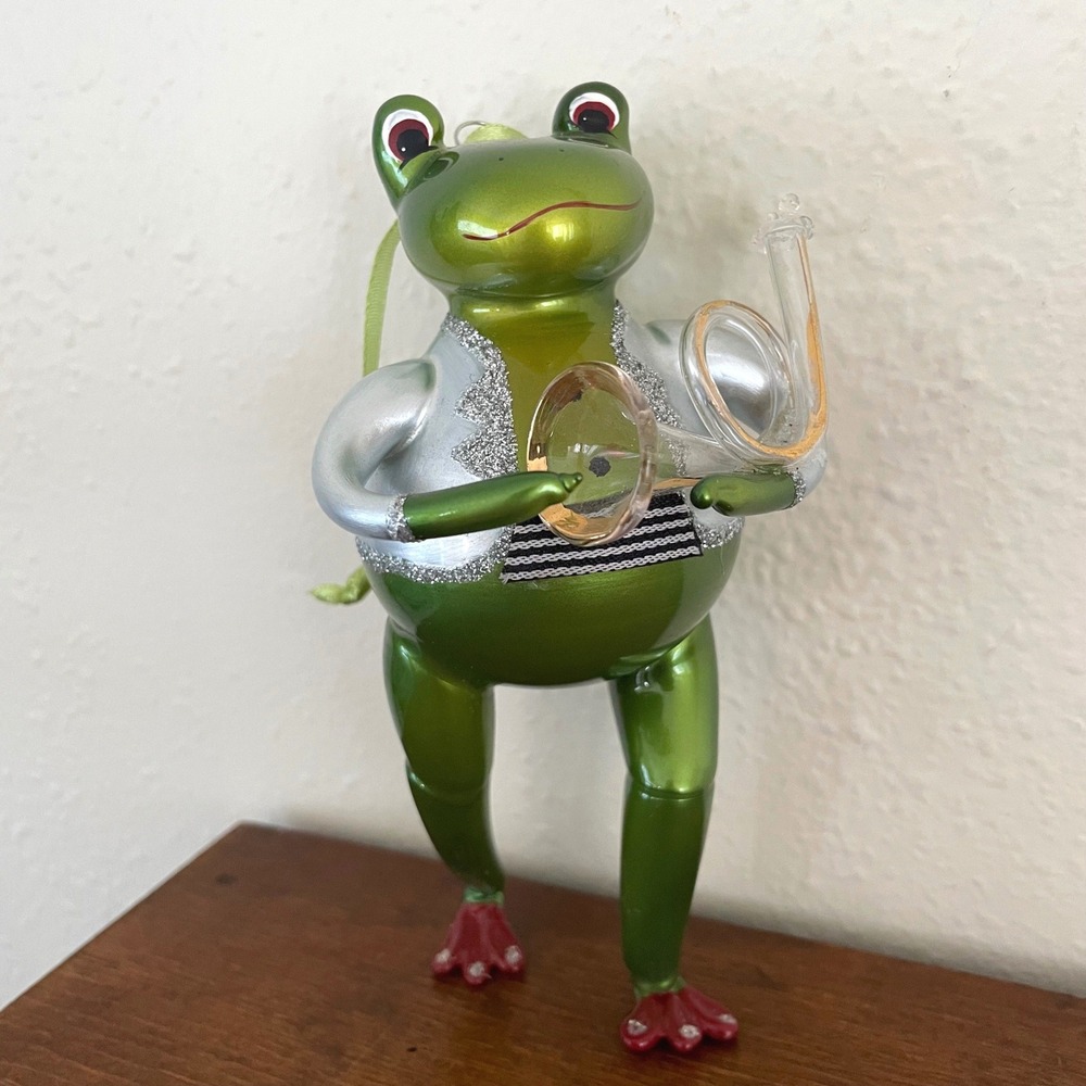 Glass Frog Holiday Christmas Ornament Playing Horn Hand Blown Musical Instrument